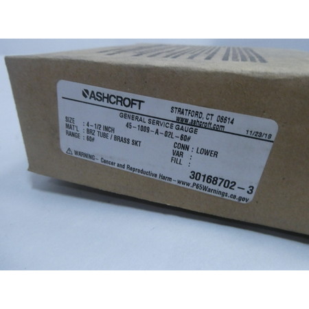 Ashcroft 45-1009-A-02L-60# 4-1/2IN 1/4IN 0-60PSI NPT PRESSURE GAUGE 45-1009-A-02L-60#